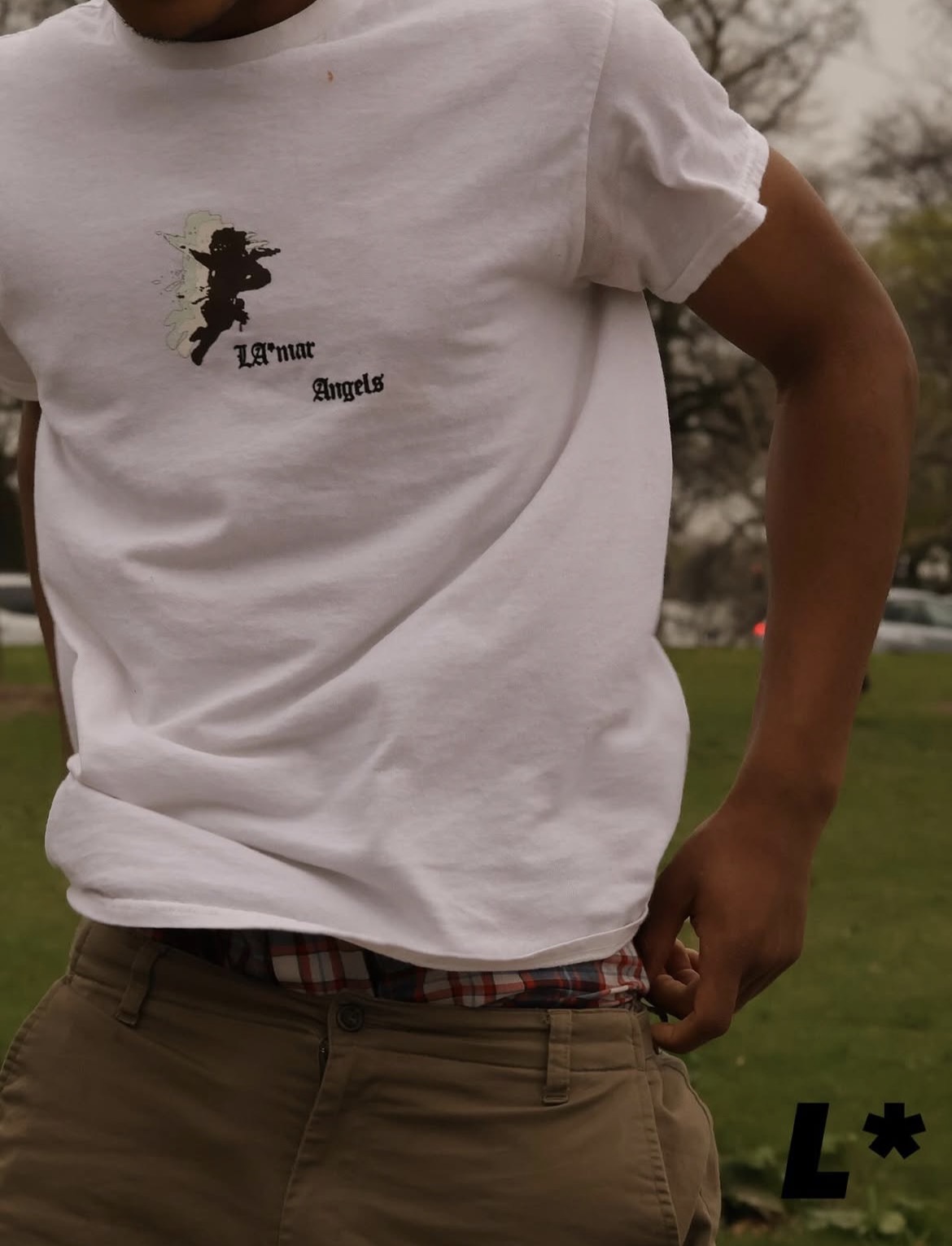 la*mar tee with angel graphic worn outdoors